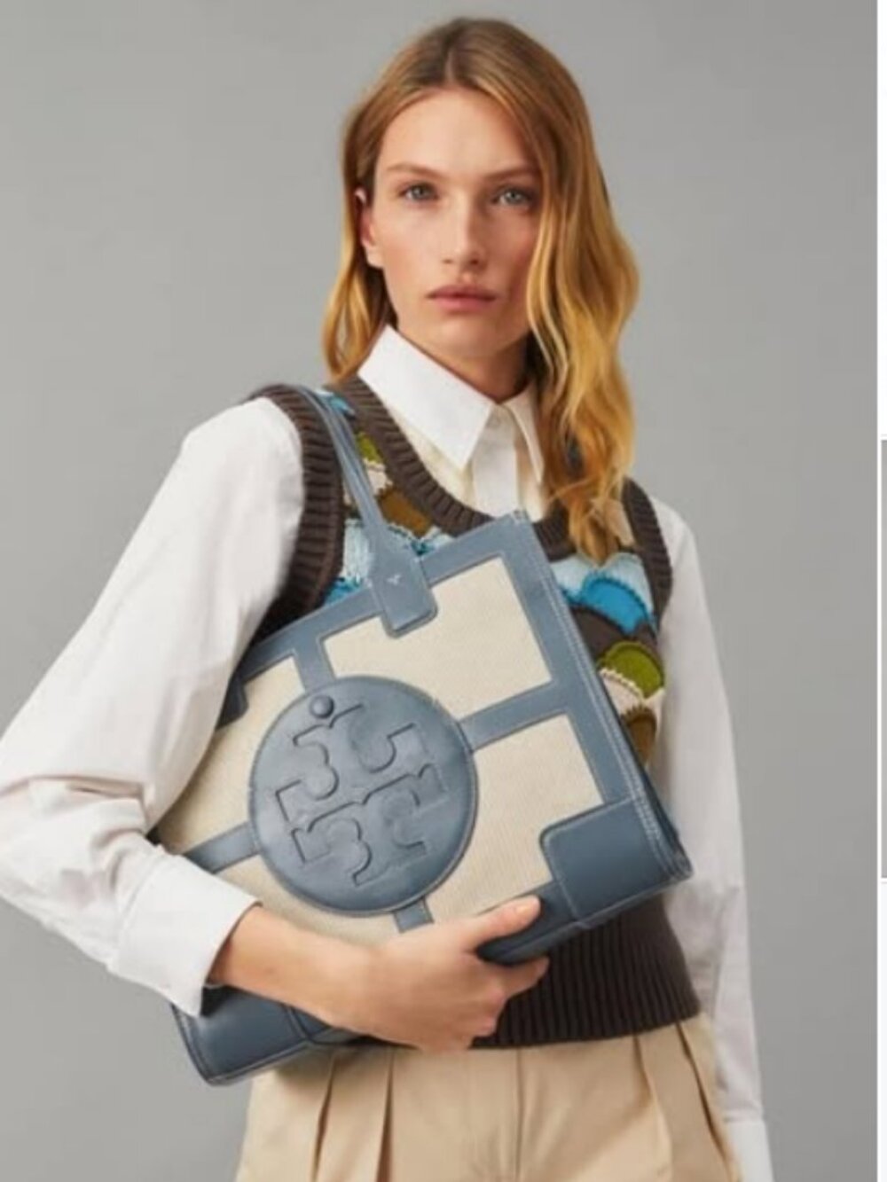 Tory Burch Women's Ella Canvas Quadrant Small Tote, Natural/Brunnera, Blue